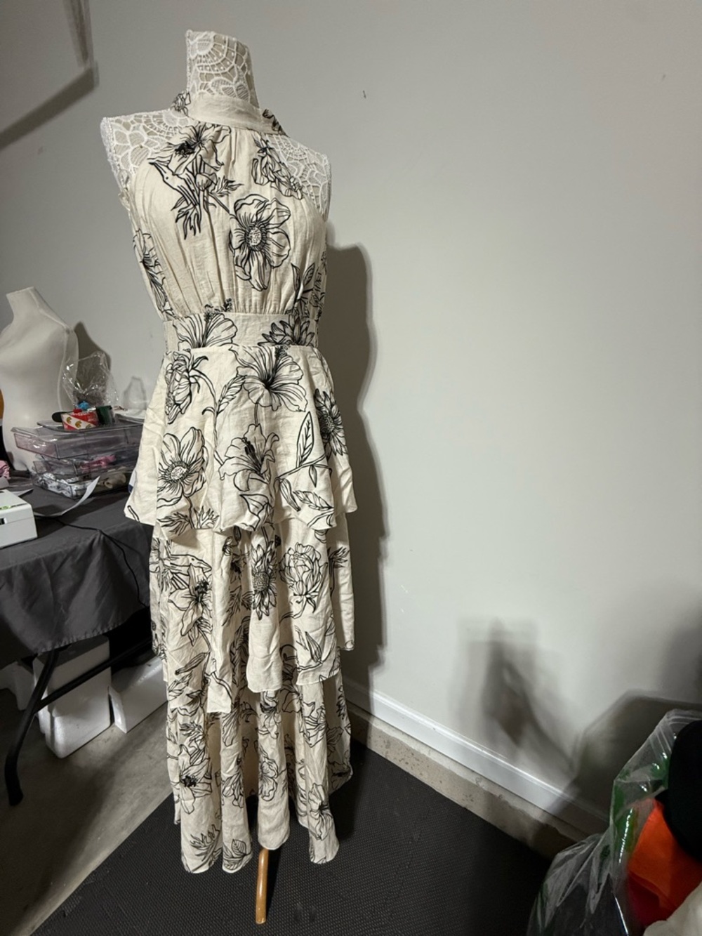 Floral Tiered Halter Maxi Dress - Ivory with Black Floral